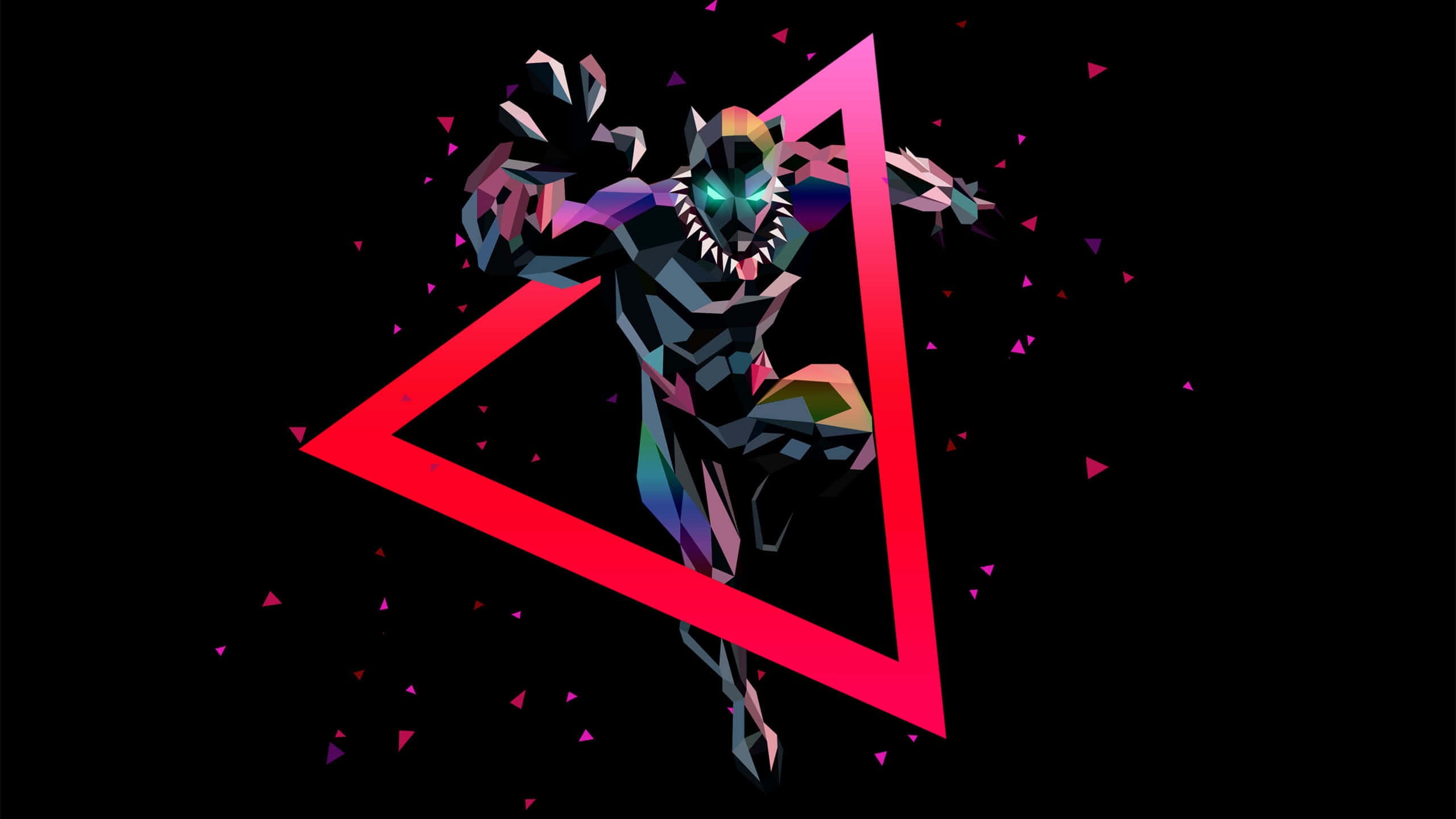 Black Panther Landscape 桌布 壁紙 — 一個低多邊形猛毒（Venom）人偶以動感姿態呈現，被發光的紅色三角形框住，背景為黑色，並有浮動的粉紅色三角形。