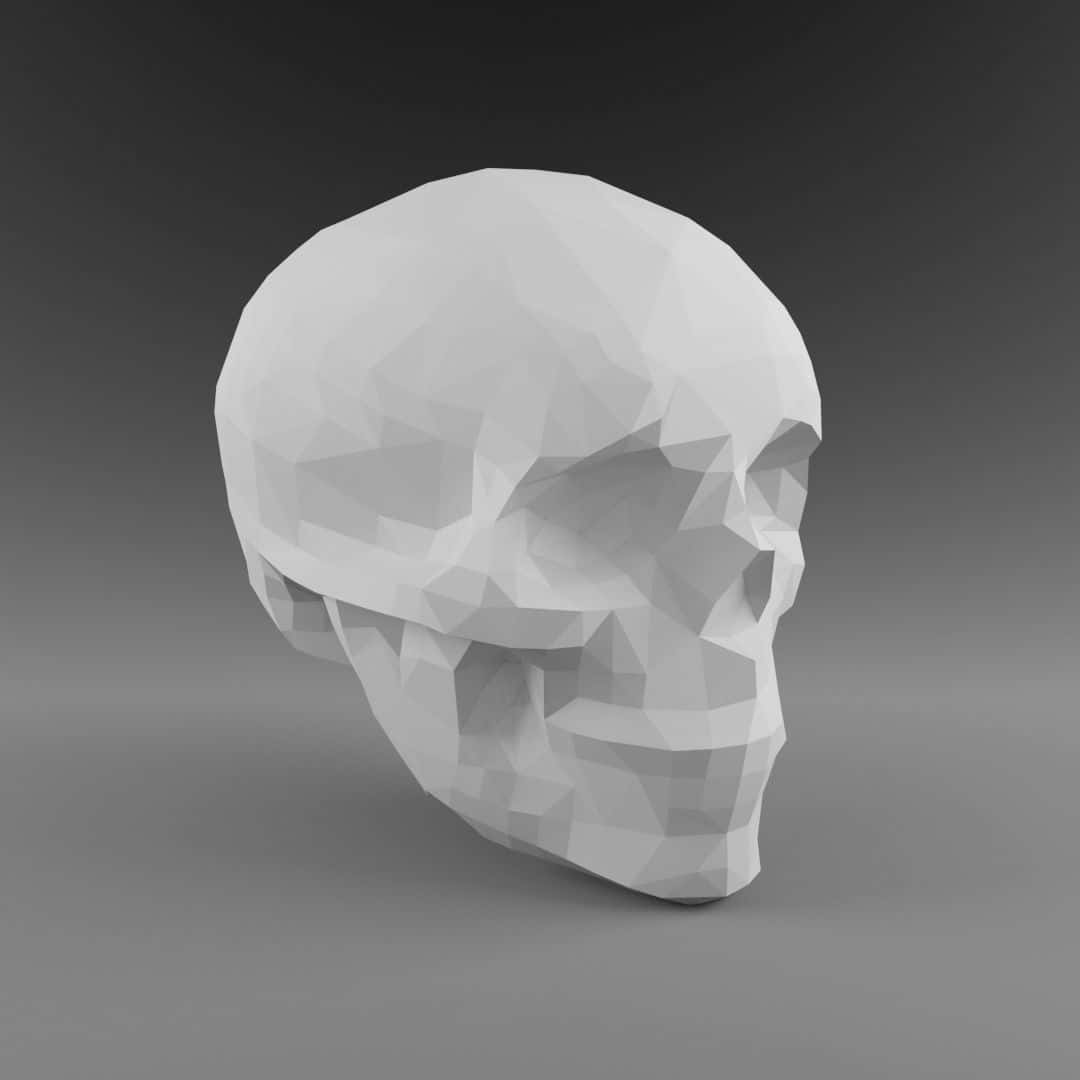 3d Skull 桌布 壁紙 — 一個低多邊形白色骷髏頭，以3D渲染，帶有幾何切面，背景為灰色漸變。