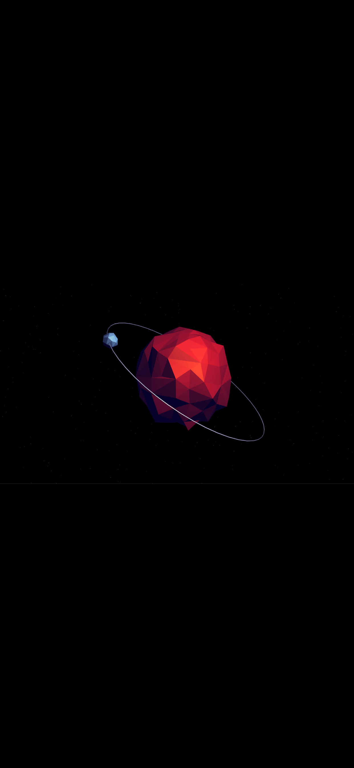 iPhone Xs Max Amoled 桌布 壁紙 — 一個低多邊形的紅色行星，帶有薄環和小衛星，漂浮在點綴著遙遠星球的深邃黑色太空中。
