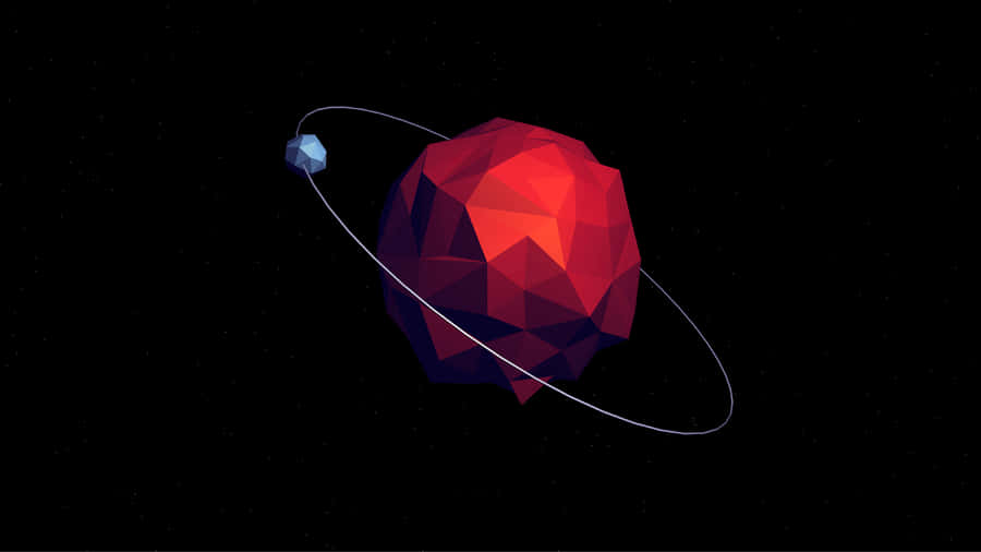 1366x768 Amoled 桌布 壁紙 — 一個低多邊形的紅色行星，帶有薄環和小衛星，在星光點點的黑色太空背景中運行。