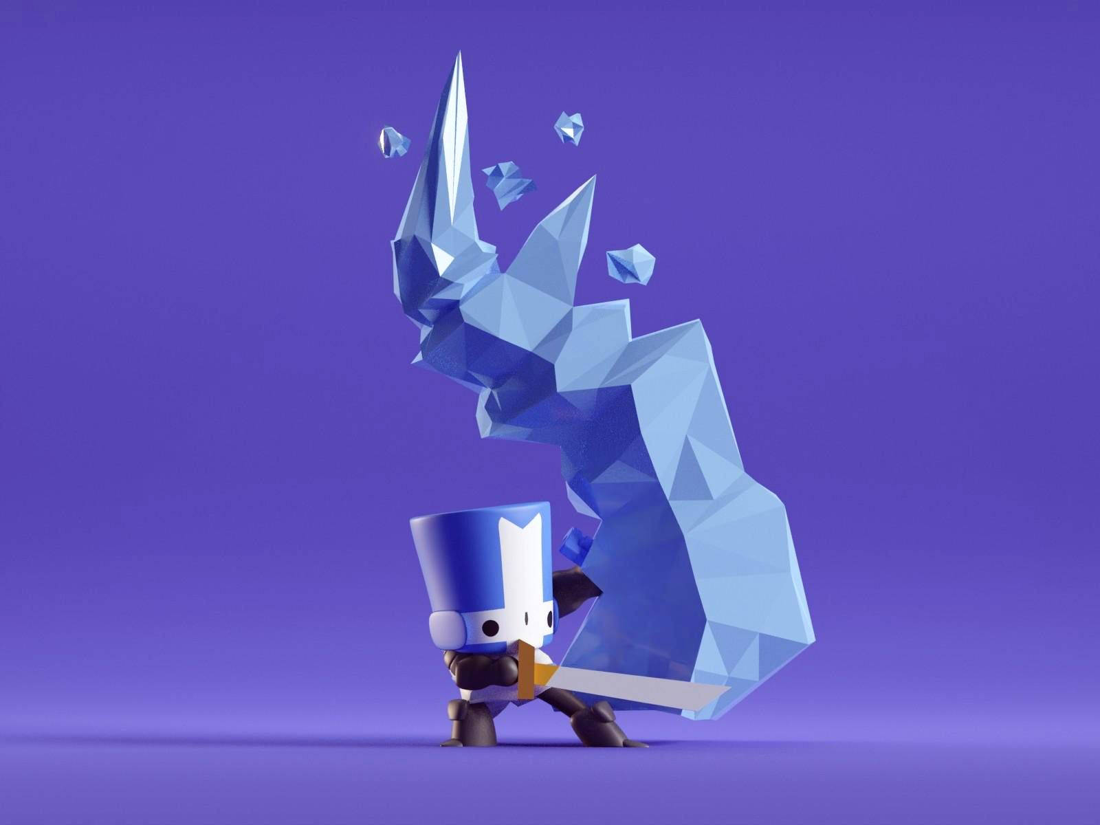 Castle Crashers 桌布 壁紙 — 一個低多邊形的藍色騎士揮劍擊碎一個巨大的水晶龍，背景為純紫色。
