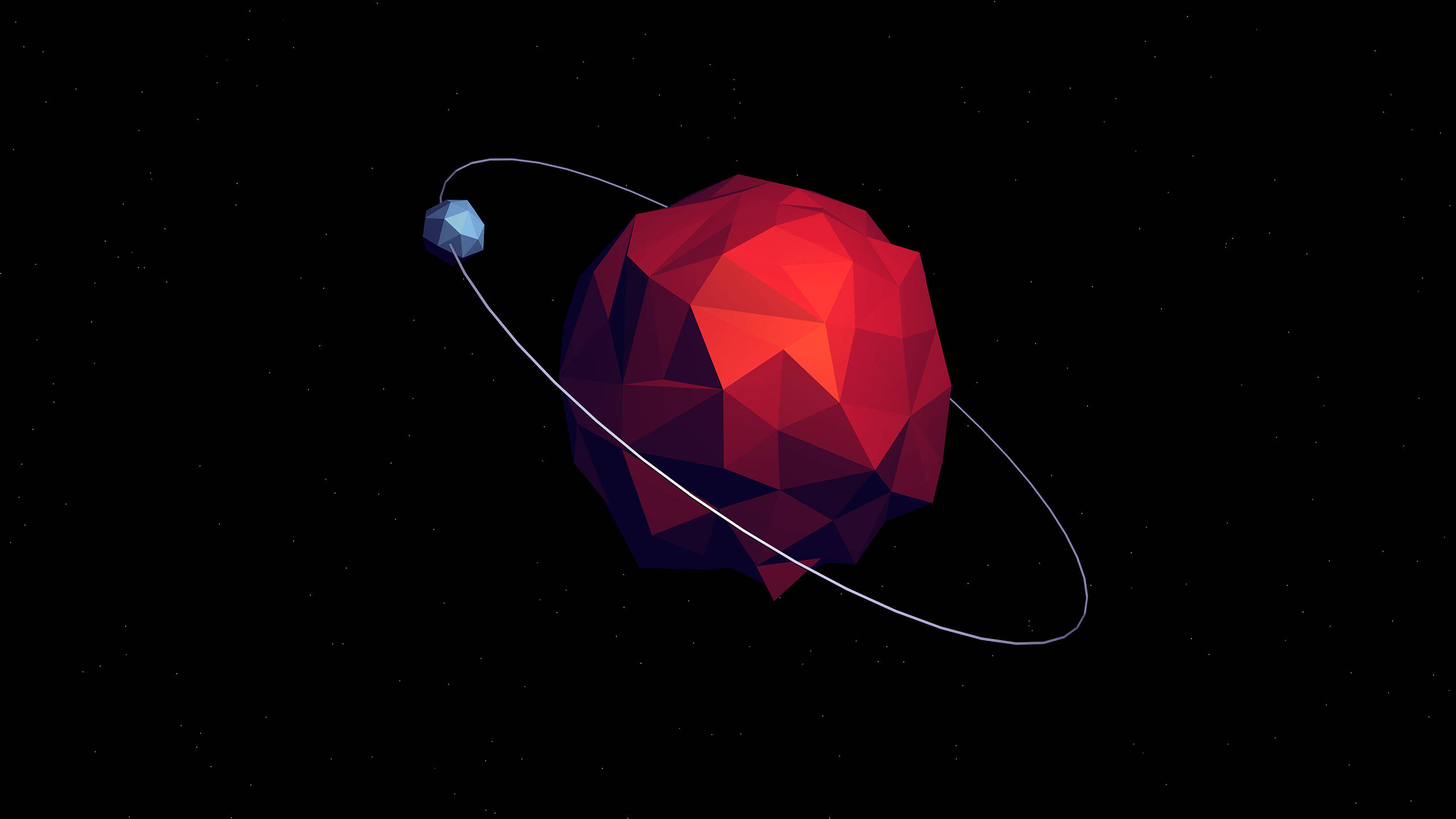 AMOLED 4K 桌布 壁紙 — 一個低多邊形紅色行星，帶有發光環和小衛星，在繁星點點的黑色太空背景下運行。