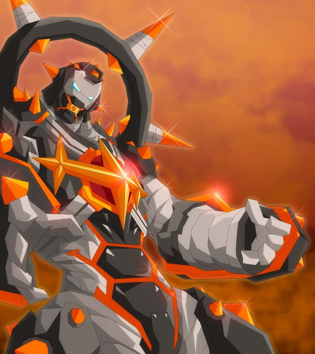 Ira Gamagoori 桌布 壁紙 — 一個低多邊形裝甲機器人，帶有發光的橙色尖刺和藍色眼睛，在熾熱的橙色天空下擺出強力姿勢。