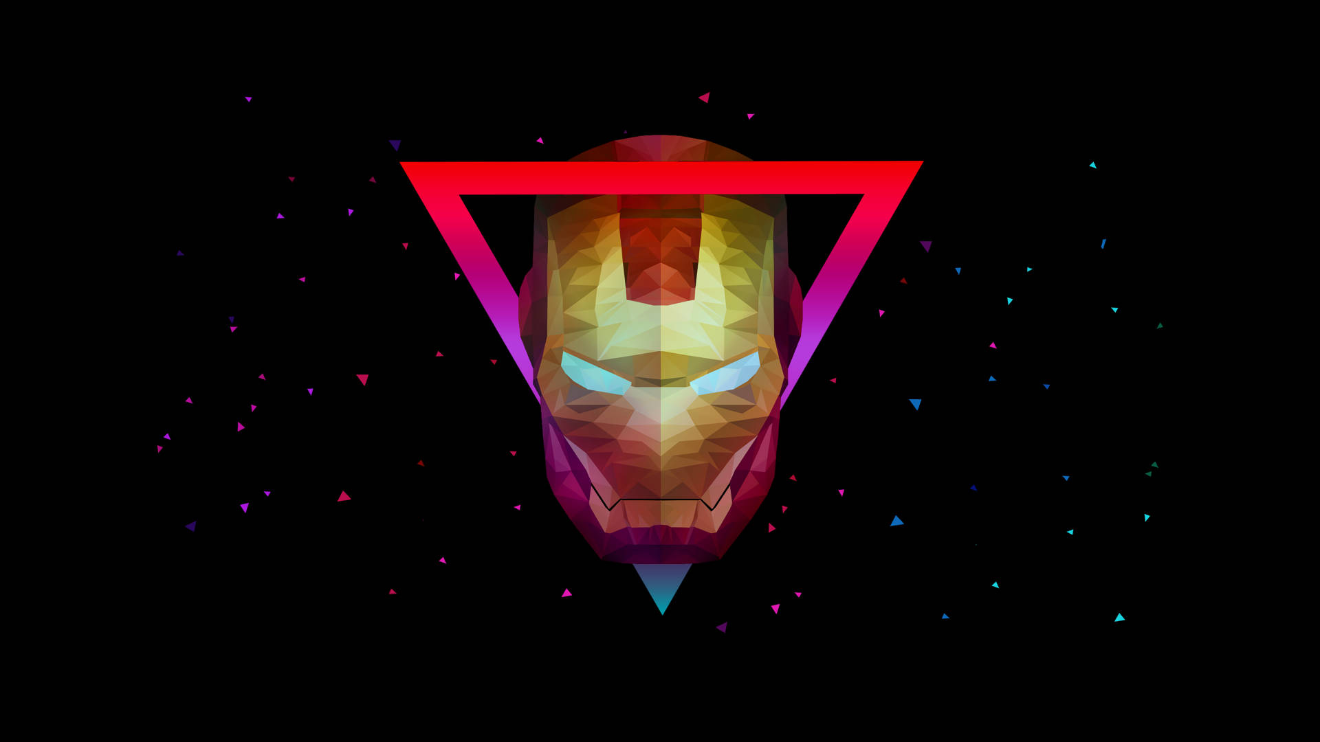 tony stark 桌布 壁紙 — 一個低多邊形鋼鐵人頭盔在紅色三角形內發光，背景為黑色，點綴著彩色三角形。