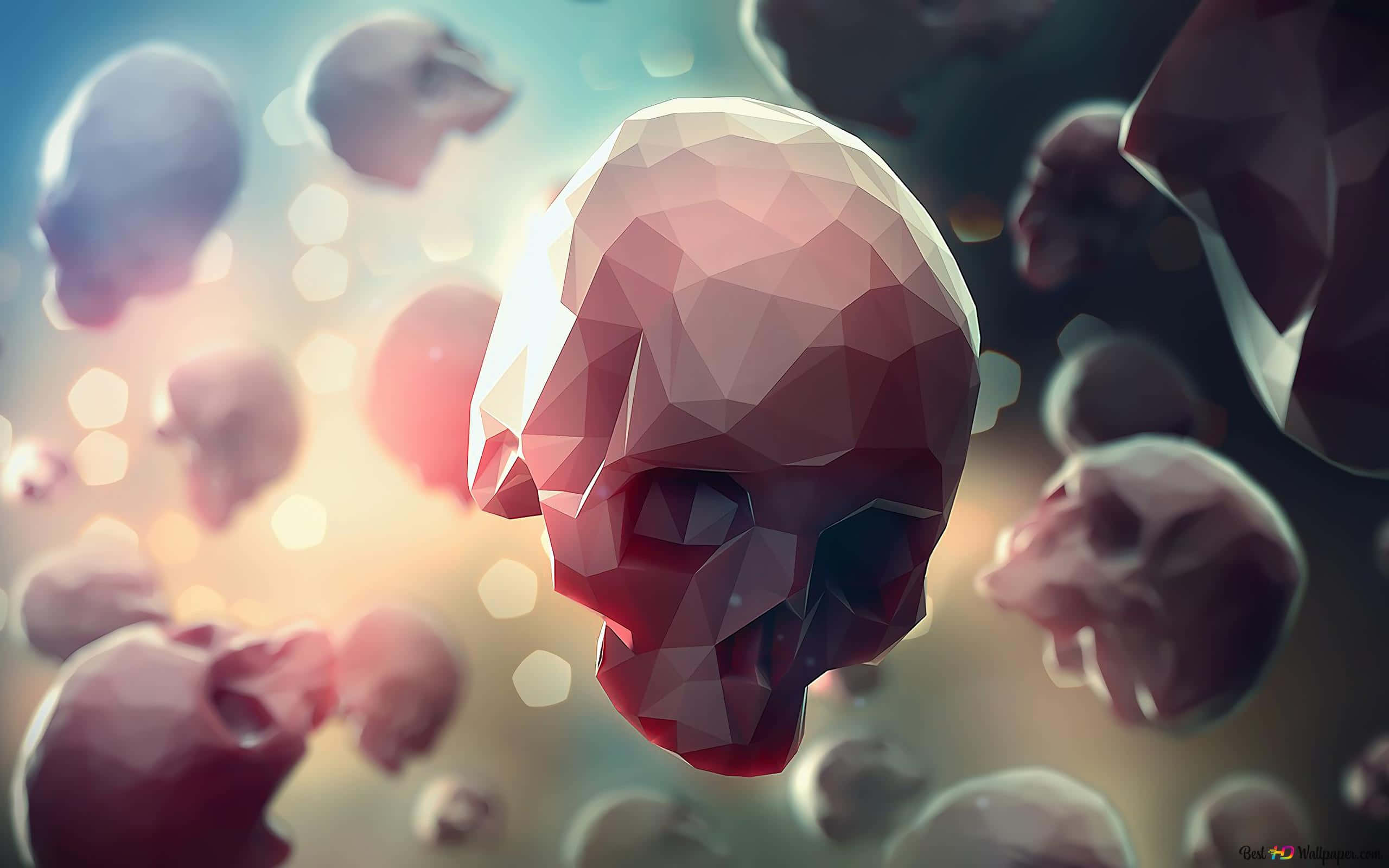 Galaxy Skull 桌布 壁紙 — 一個低多邊形頭骨漂浮在發光粒子中，帶有柔和散景背景和溫暖光線。