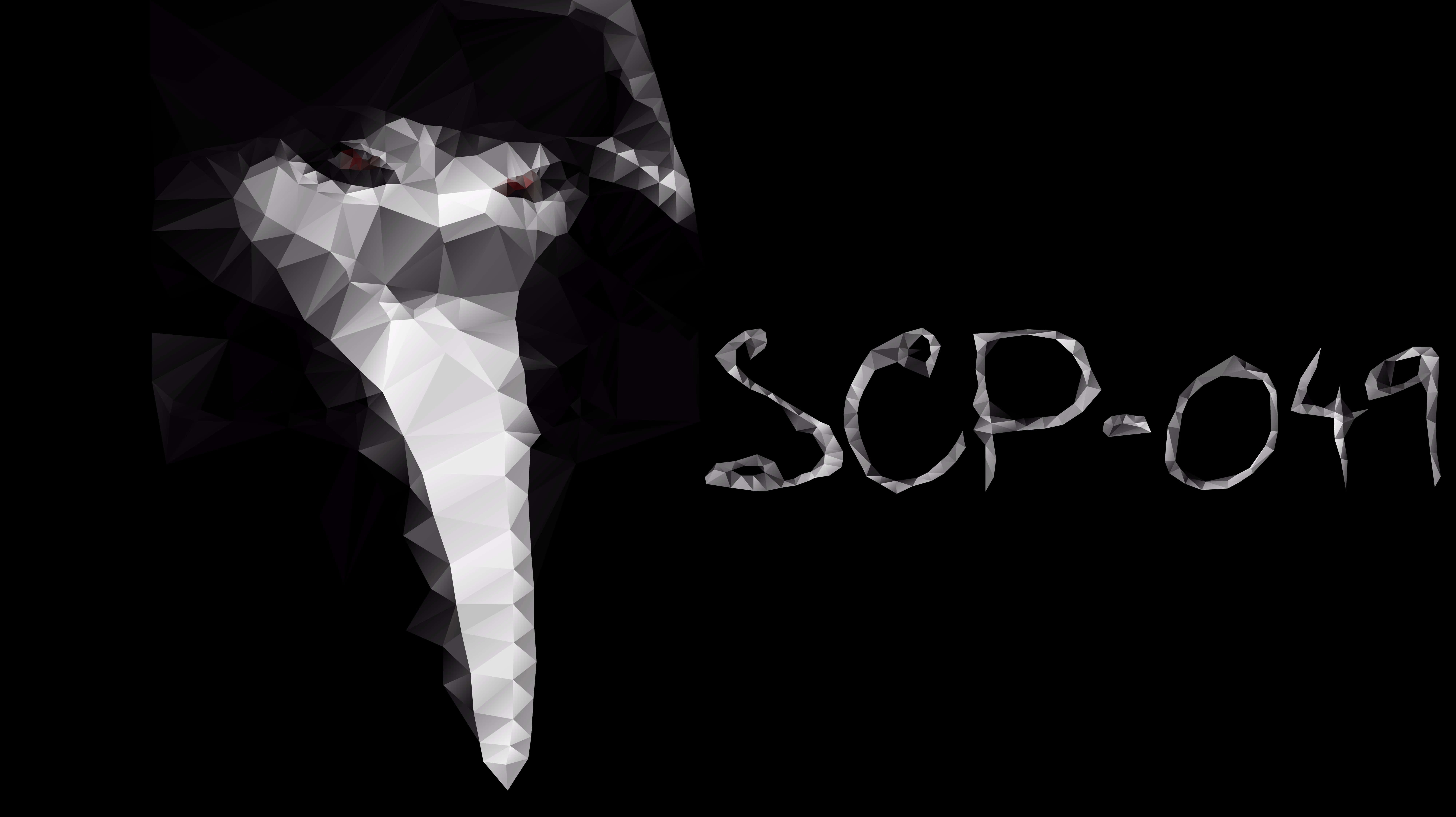SCP 桌布 壁紙 — 一個低多邊形風格的SCP-049人偶，帶有發光的眼睛和鋸齒狀的白色形態，背景為黑色。