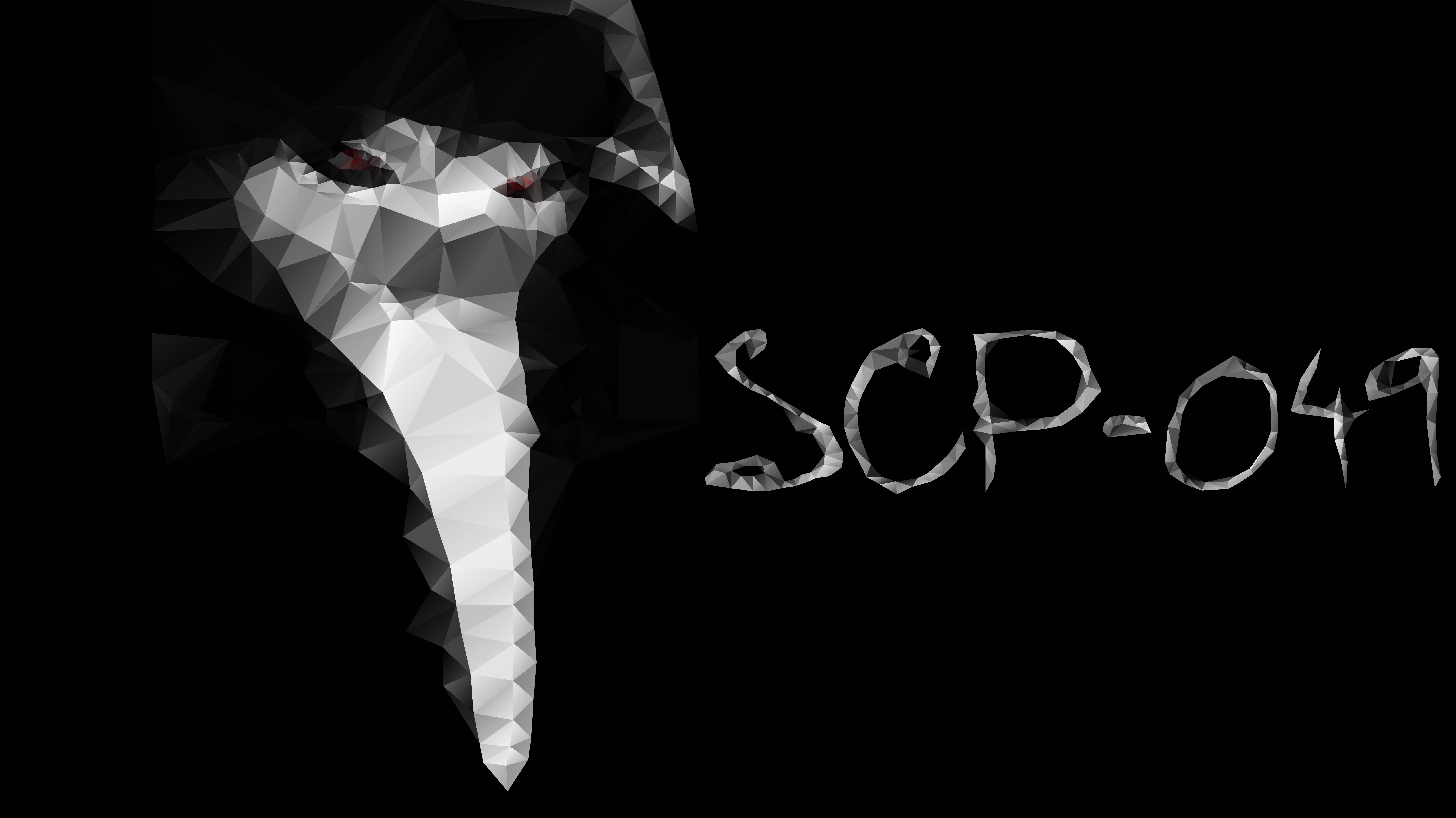 SCP 桌布 壁紙 — 一個低多邊形風格的SCP-049實體，在黑色背景上擁有發光的紅色眼睛和長脖子。
