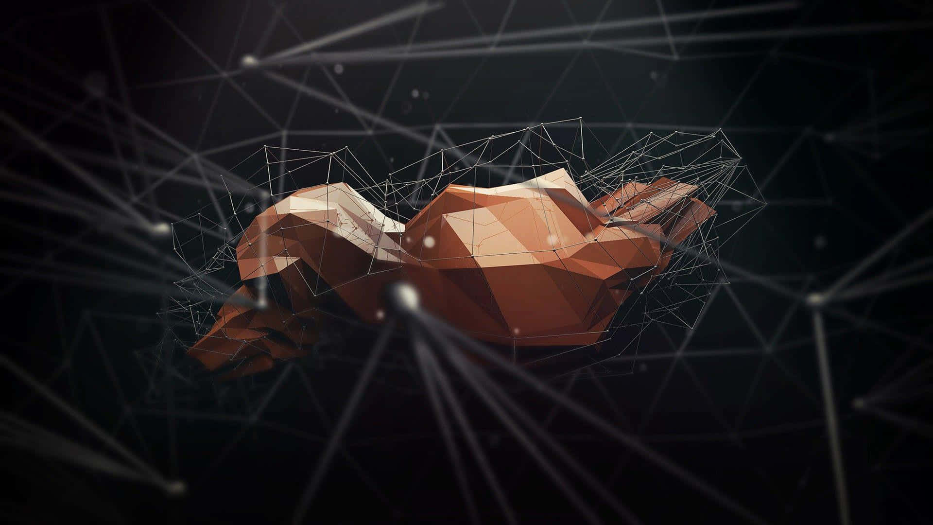 Polygon 桌布 壁紙 — 一個低多邊形風格的人類頭部在黑暗背景中漂浮於發光的網路線條之間。