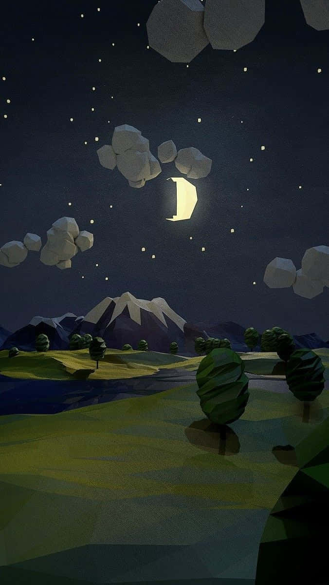 夜空 桌布 壁紙 — 一個低多邊形風格的夜景，新月在積雪的山峰和幾何樹木上方閃耀，星空璀璨。