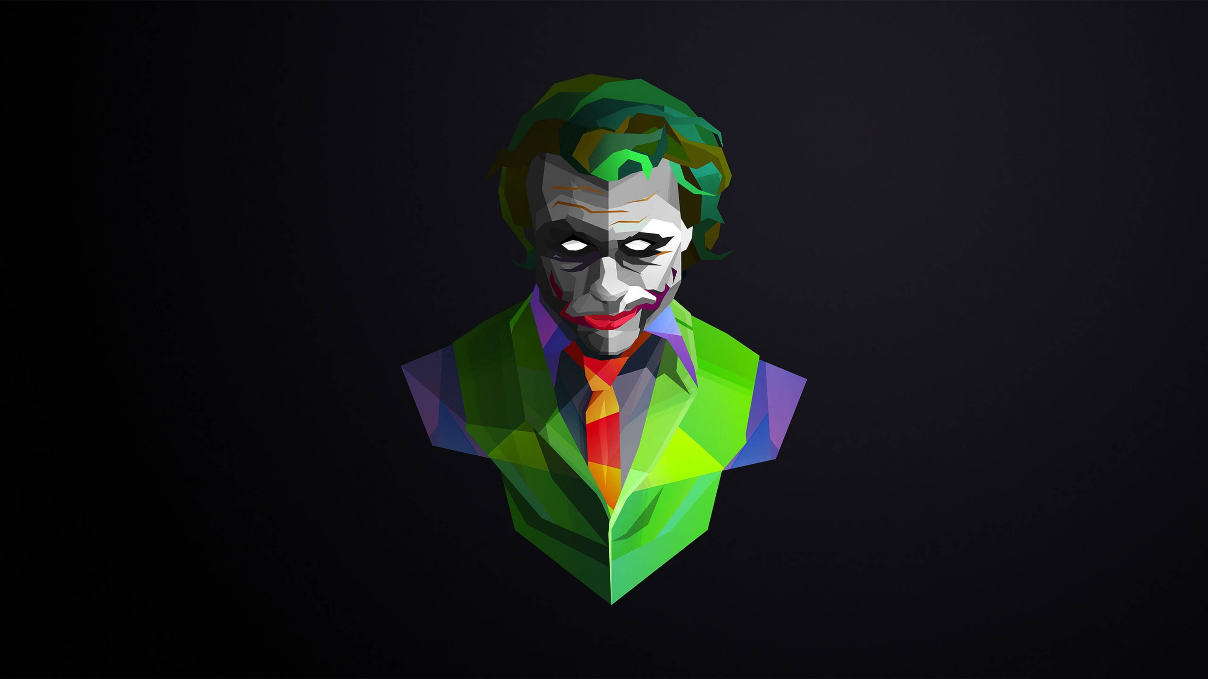 Joker Drawing 桌布 壁紙 — 一個低多邊形風格的小丑半身像，擁有鮮豔的綠色頭髮和西裝，背景為深色。