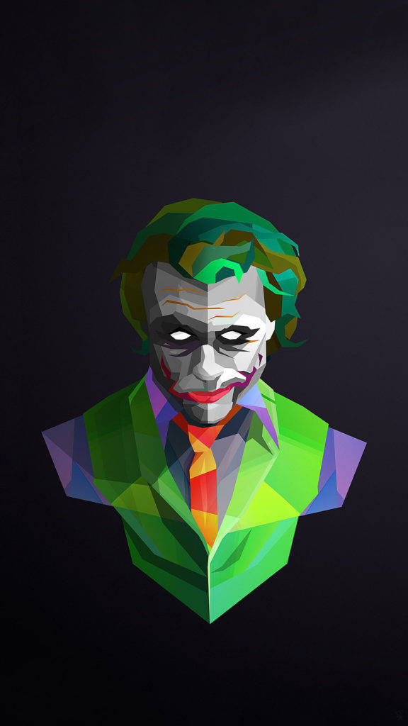 Joker Phone 桌布 壁紙 — 一個低多邊形風格的小丑半身像，擁有鮮豔的綠色頭髮和西裝，背景為深色。