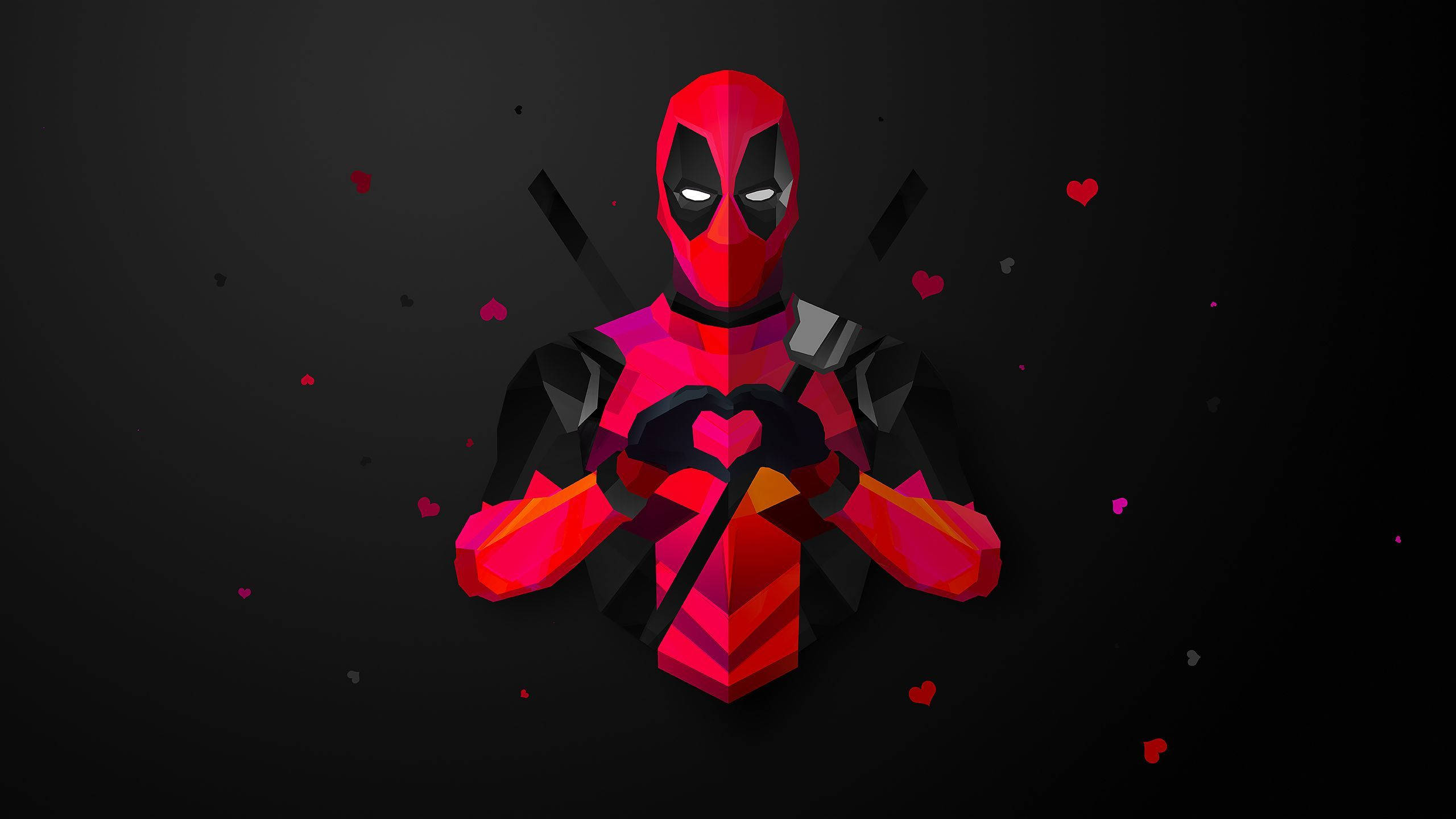 Low 桌布 壁紙 — 一個低多邊形風格的死侍（Deadpool）紅黑公仔，在黑暗背景中做出心形手勢，周圍有漂浮的心形。