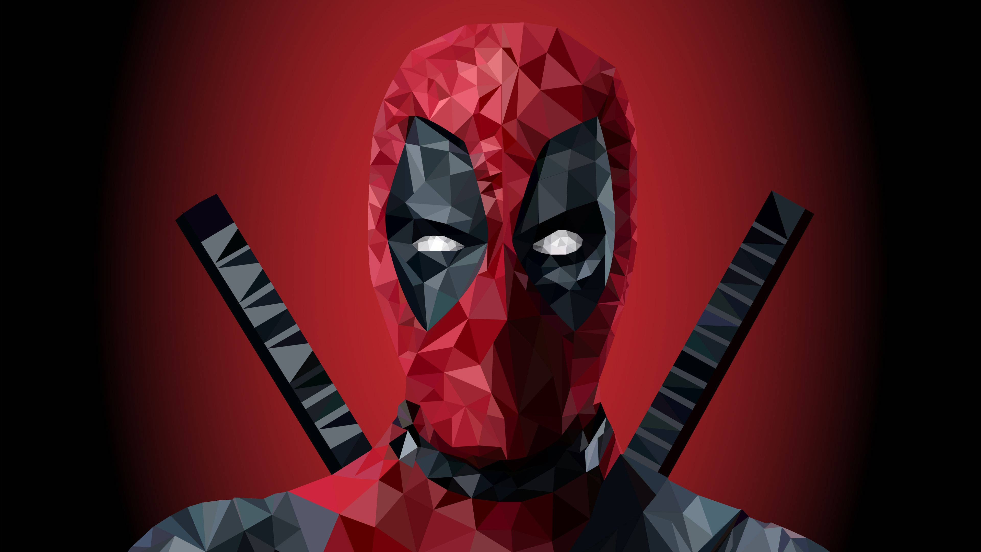 4K deadpool 桌布 壁紙 — 一個低多邊形風格的死侍，交叉雙劍，背景為紅色漸變。