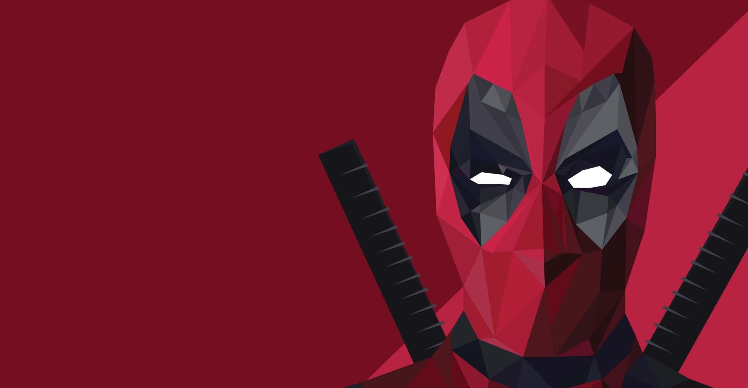 Deadpool Logo 桌布 壁紙 — 一個低多邊形風格的死侍，手持交叉劍，背景為純紅色。