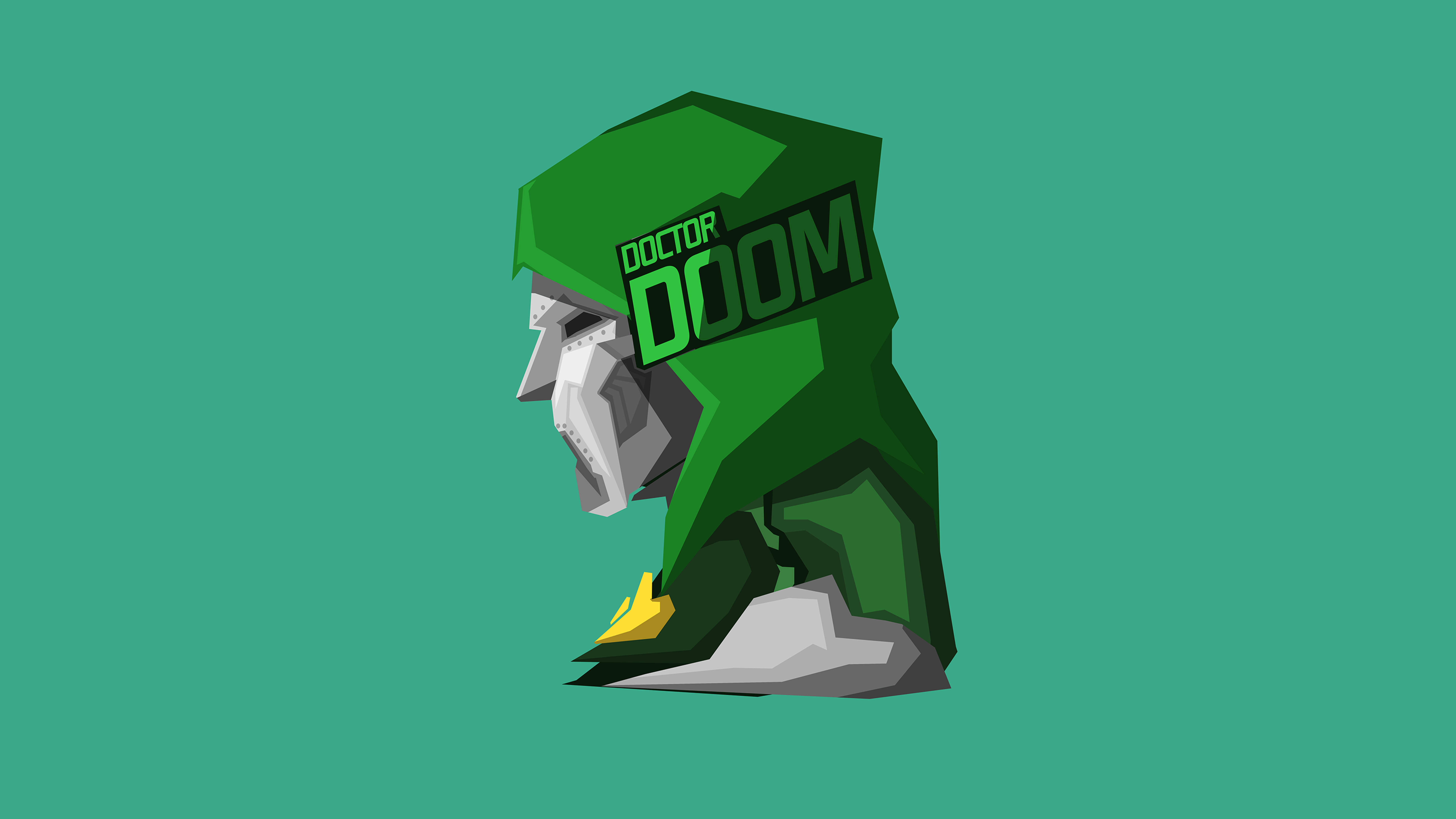 Doctor Doom 桌布 壁紙 — 一個低多邊形風格的毀滅博士，身穿綠色盔甲，帶有黃色點綴，背景為純青色。