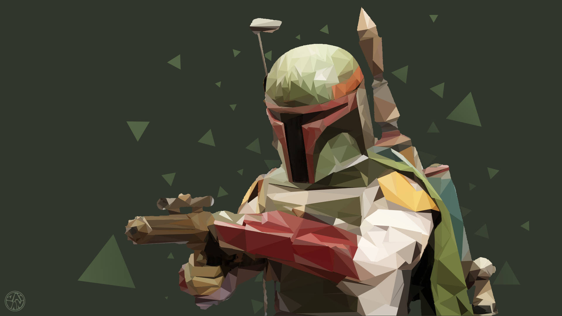 Boba 桌布 壁紙 — 一個低多邊形風格的波巴·費特，身穿全套盔甲，手持爆能槍，背景為深綠色，有浮動的三角形。