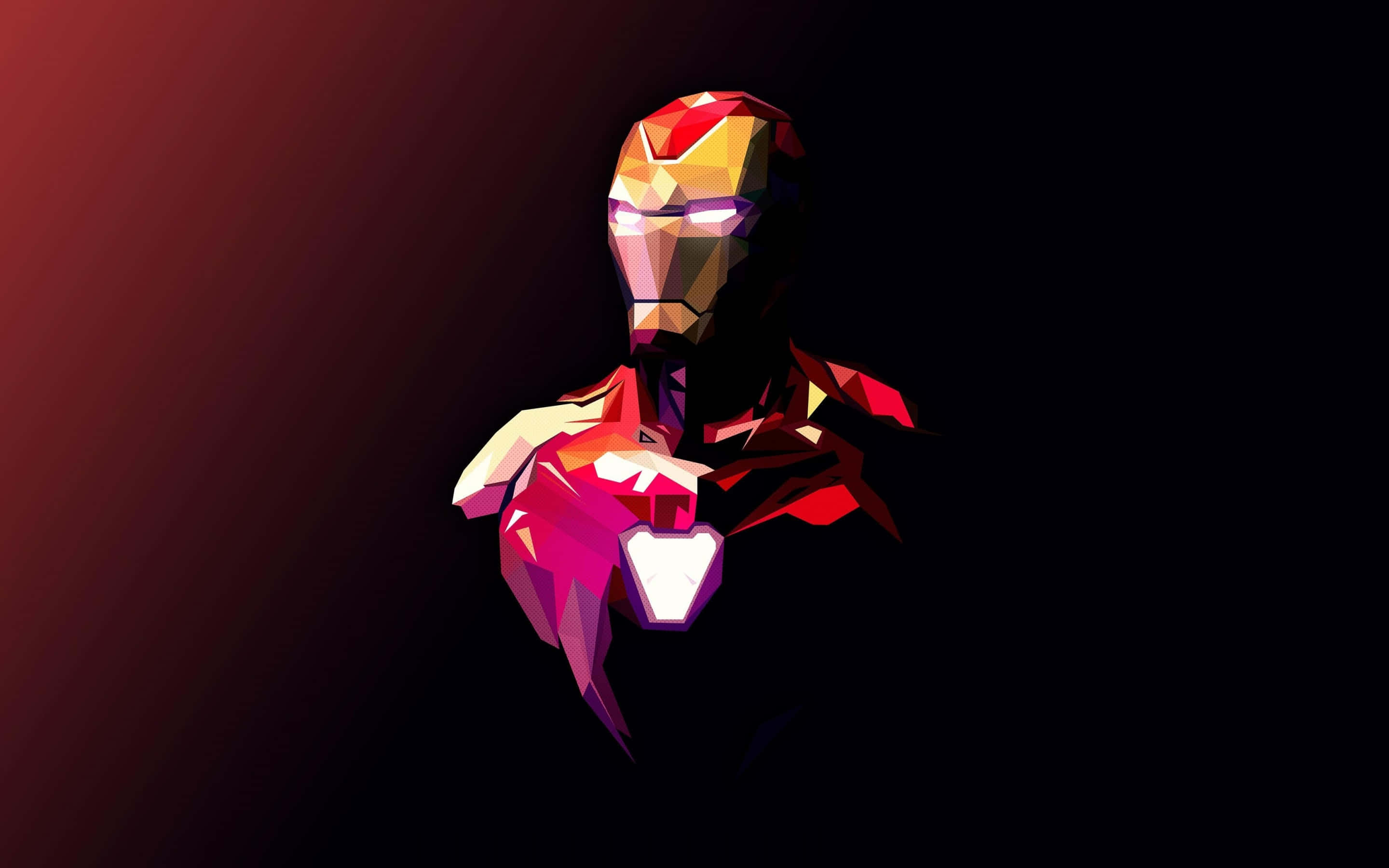2560x1080 Minimal 桌布 壁紙 — 一個低多邊形風格的鋼鐵人半身像，帶有發光的眼睛和胸部弧形反應器，背景為深紅色漸變。