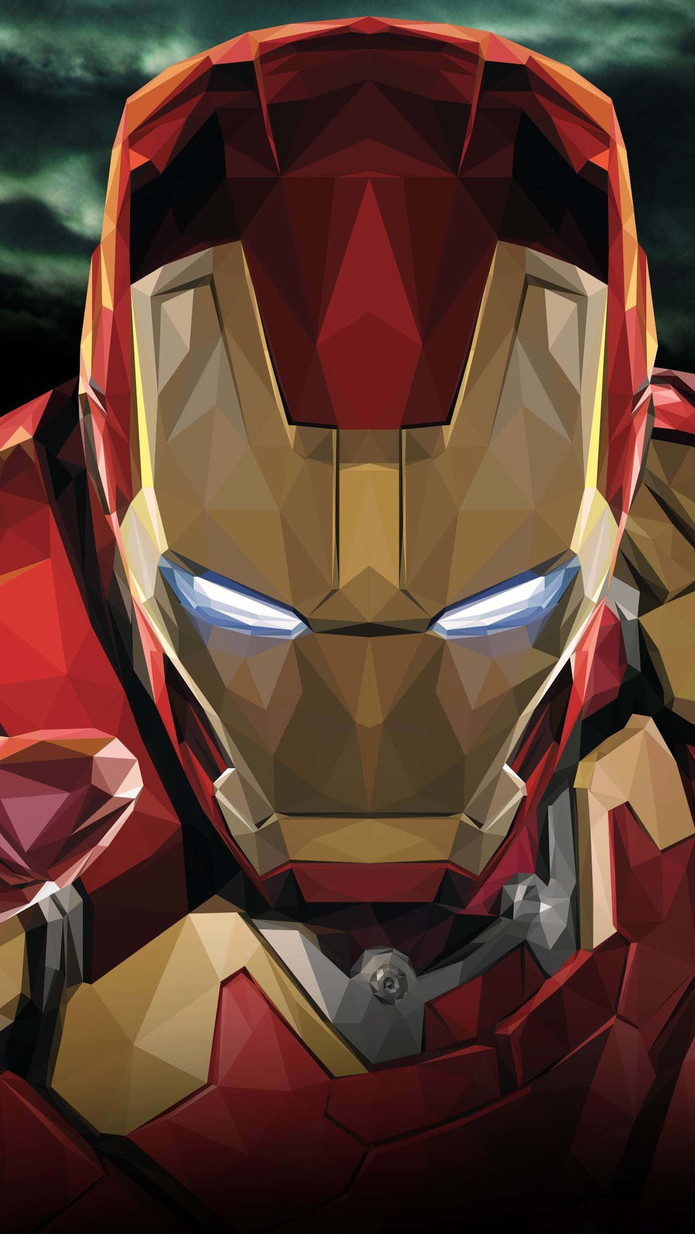 Iron Man Art 桌布 壁紙 — 一個低多邊形風格的鋼鐵人頭盔，在黑暗暴風雨的天空下散發著藍色光芒的眼睛。