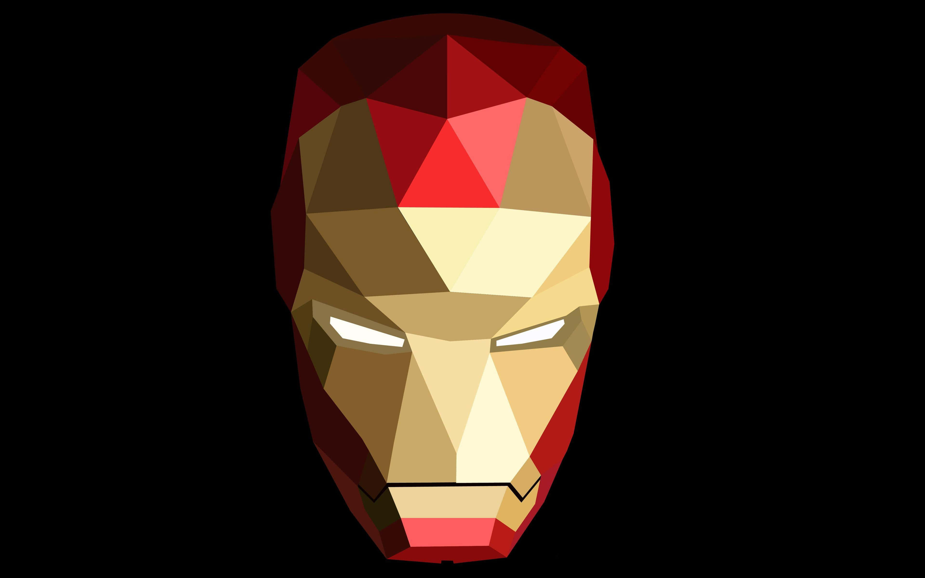 Iron Man Art 桌布 壁紙 — 一個低多邊形風格的鋼鐵人頭盔，帶有紅色、金色和白色的切面，置於黑色背景上。
