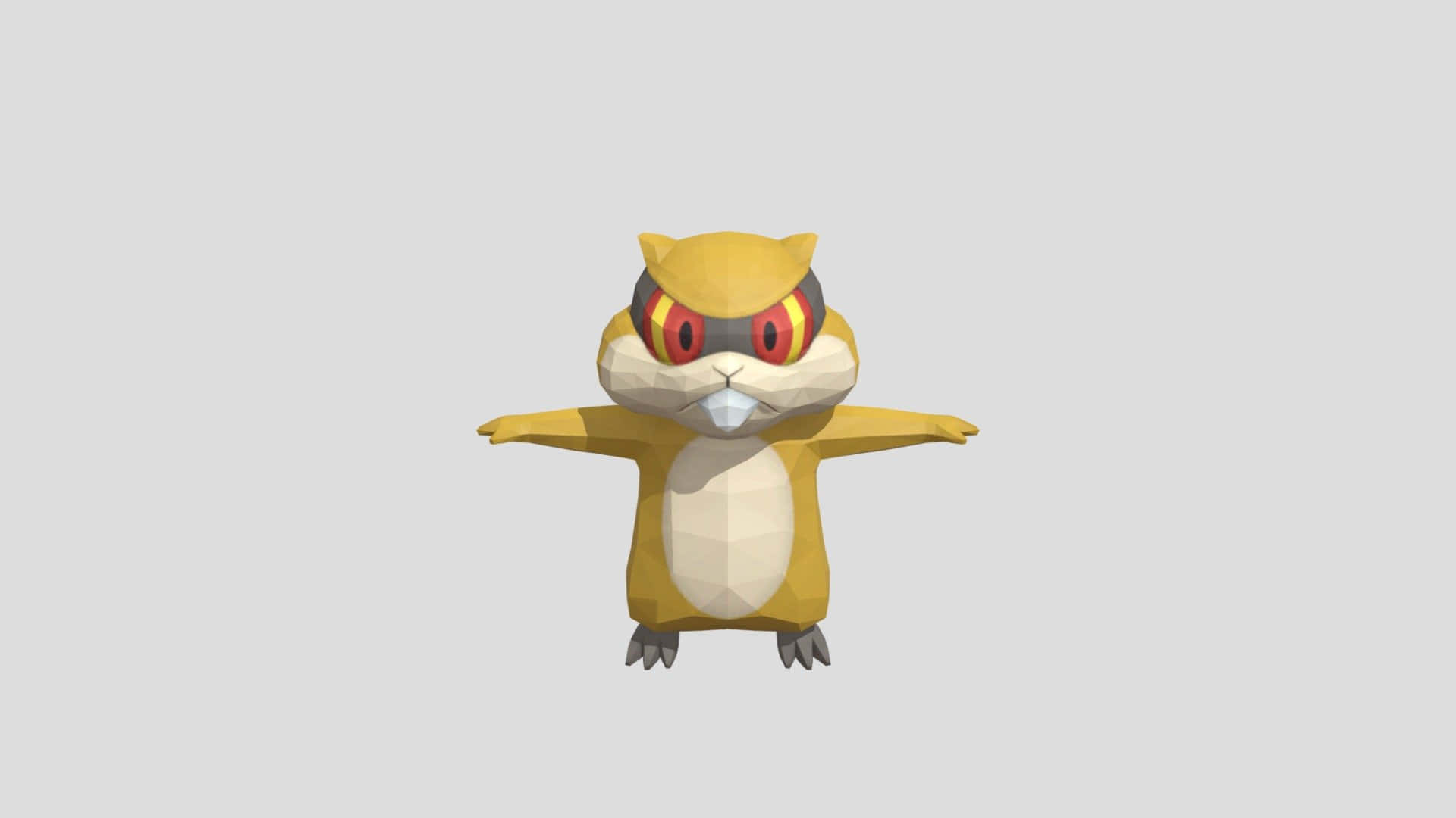 Chipmunks 桌布 壁紙 — 一個低多邊形黃色囓齒動物角色，紅眼睛，戴護目鏡，雙臂張開，站在純灰色背景前。