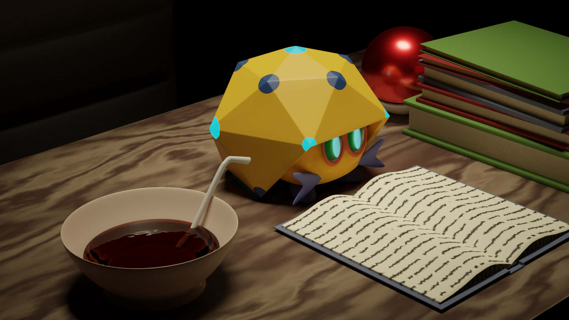Pokemon Aesthetic 桌布 壁紙 — 一個低多邊形黃色生物，帶有藍色斑點，坐在木桌旁，旁邊有一碗深色液體和一本打開的書。