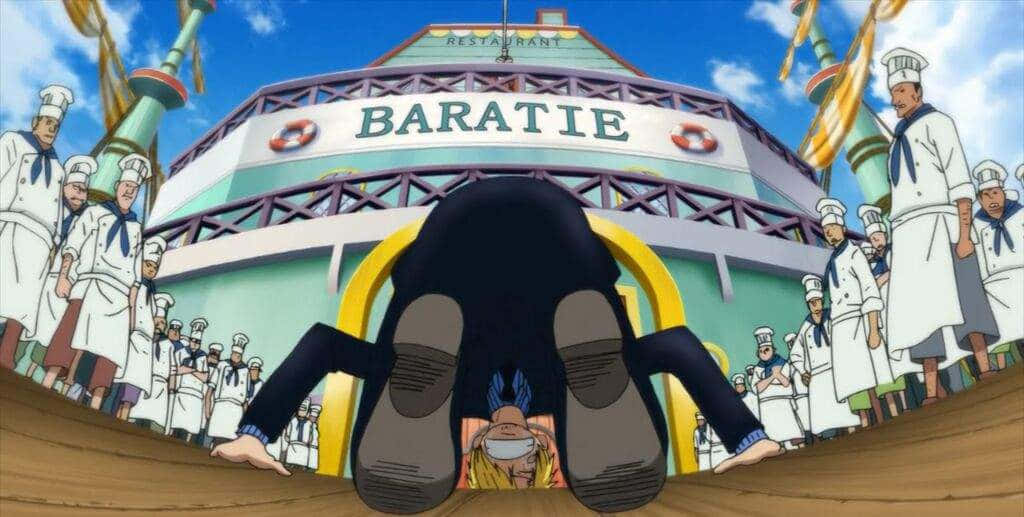 Baratie 桌布 壁紙 — 一個低角度動漫鏡頭顯示一個角色爬向一間名為巴拉蒂的巨型餐廳，廚師們從兩旁觀看。
