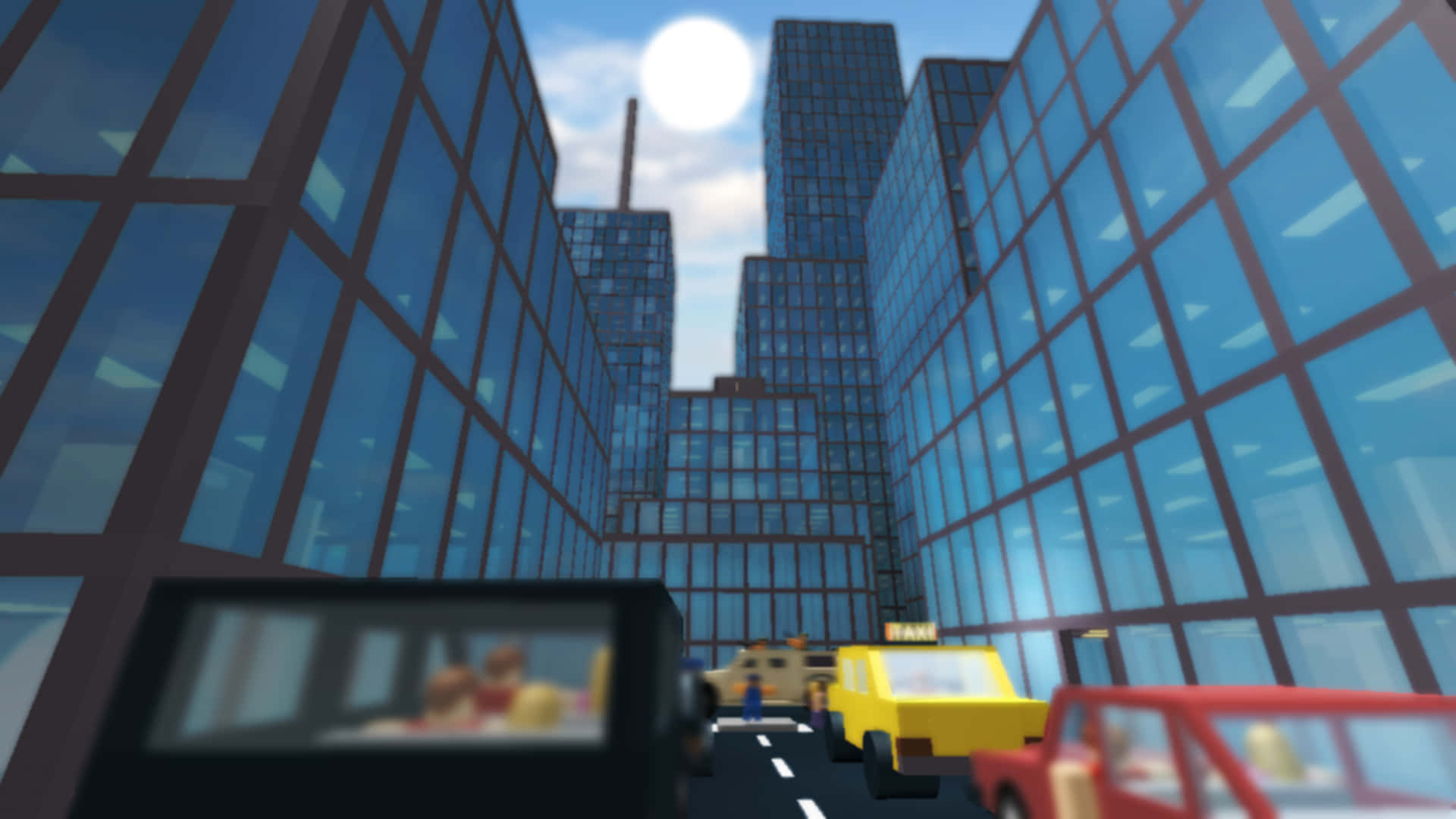 Roblox 桌布 壁紙 — 一個低角度視角，展現繁忙的城市街道，色彩繽紛的汽車和聳立的玻璃摩天大樓在明亮的陽光下。