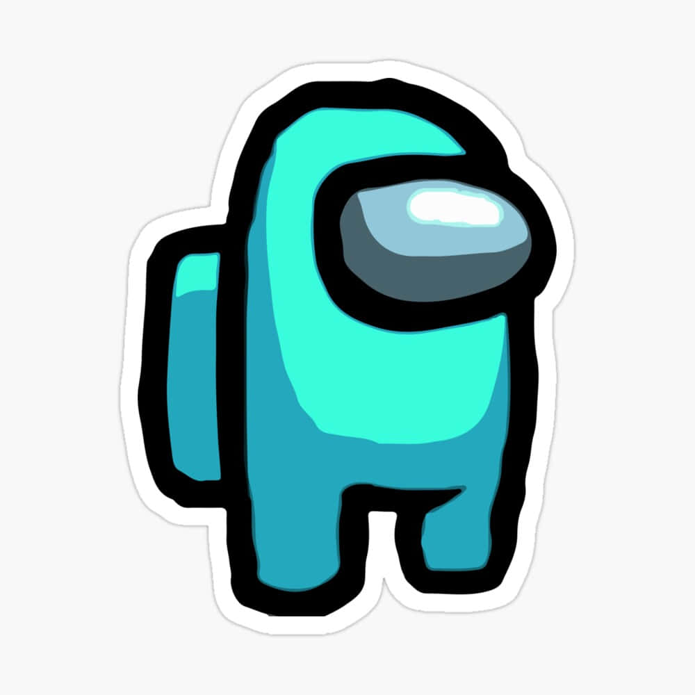 Among US Blue 桌布 壁紙 — 一個來自 Among Us 的青色船員，帶有黑色輪廓和白色面罩，以貼紙形式站在純色背景上。