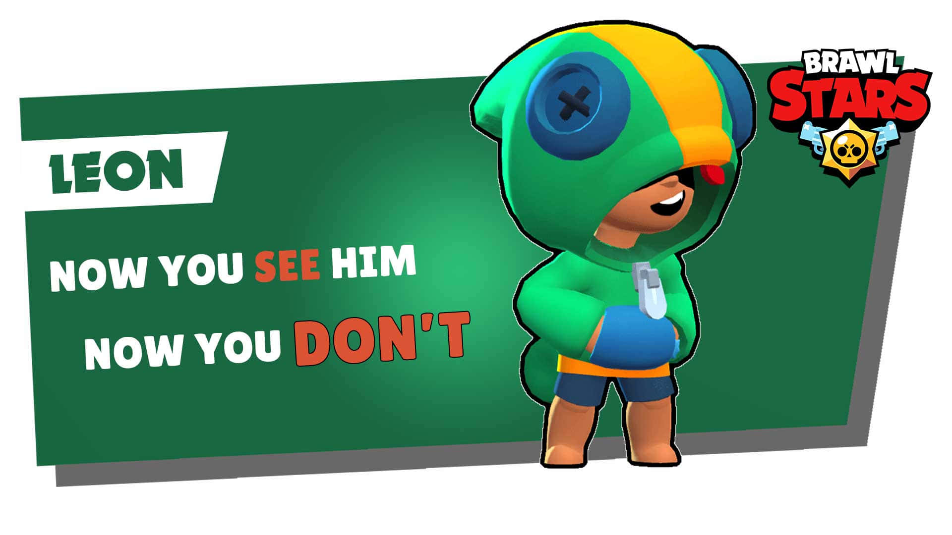 荒野亂鬥 桌布 壁紙 — 一個來自 Brawl Stars 名叫 Leon 的卡通角色藏在一個帶有俏皮文字的綠色標誌後面。