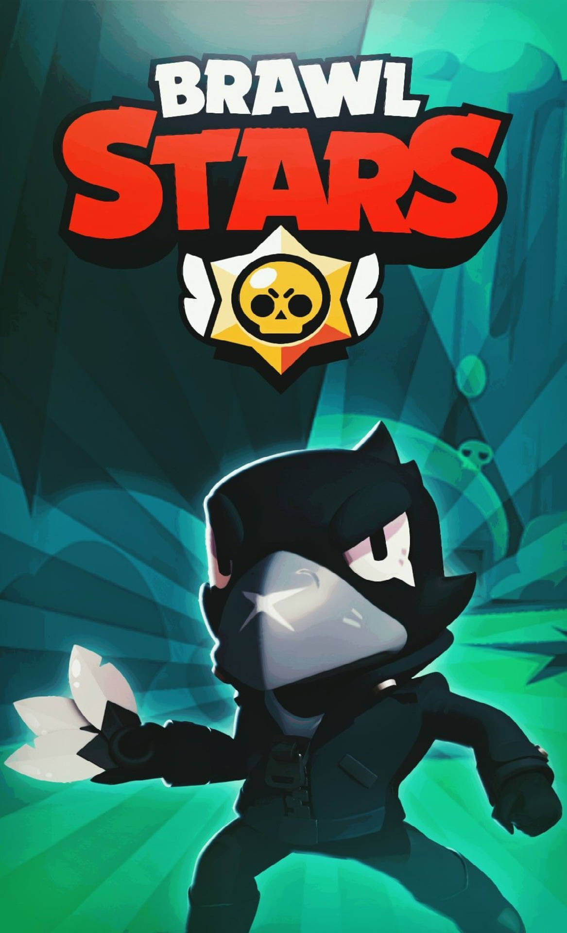 穿著黑色服裝的《Brawl Stars》角色，搭配發光的青綠色背景。