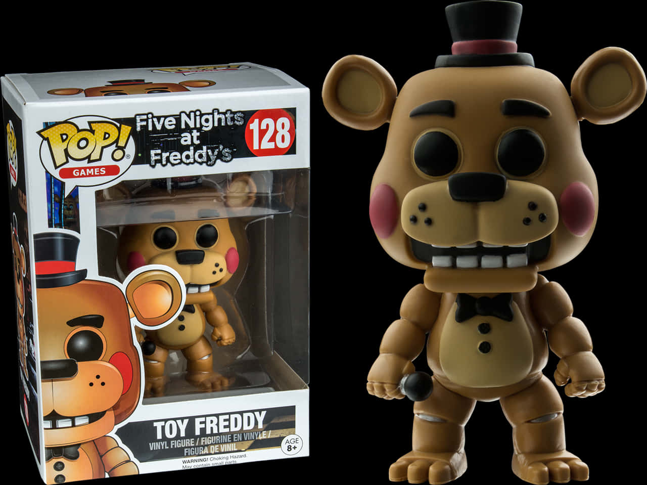 Funko Pop 桌布 壁紙 — 一個來自《Five Nights at Freddy's》的 Toy Freddy Funko Pop! 乙烯基公仔，旁邊放著它的盒子，背景為黑色。