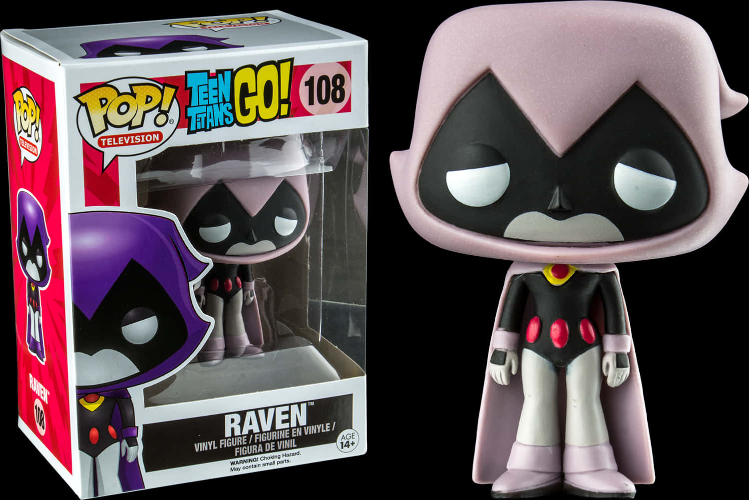 Teen Titans Go Raven 桌布 壁紙 — 一個來自《少年悍將GO！》的瑞文 Funko Pop! 軟膠公仔，旁邊放著色彩繽紛的收藏盒，背景為黑色。