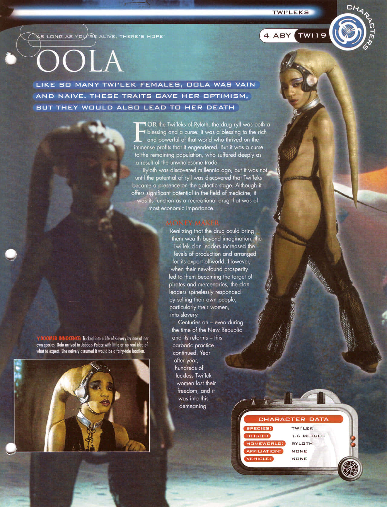 Twi'lek 桌布 壁紙 — 一個來自《星際大戰》的Twi'lek女性角色，擁有長長的捲曲角和華麗的頭飾，站在黑暗的背景前，背景上有文字和角色數據面板。