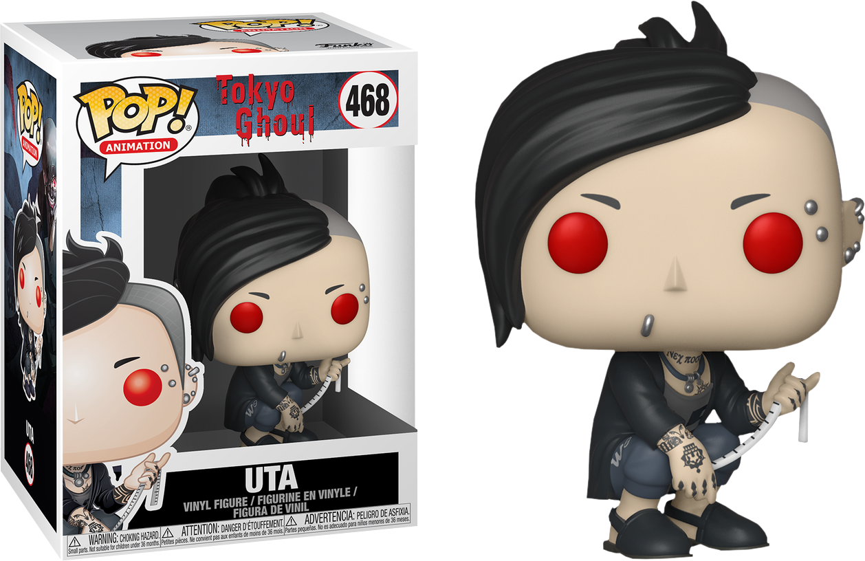 東京 桌布 壁紙 — 一個來自《東京喰種》的Uta Funko Pop! 乙烯基公仔，旁邊放著收藏盒，背景為黑色。