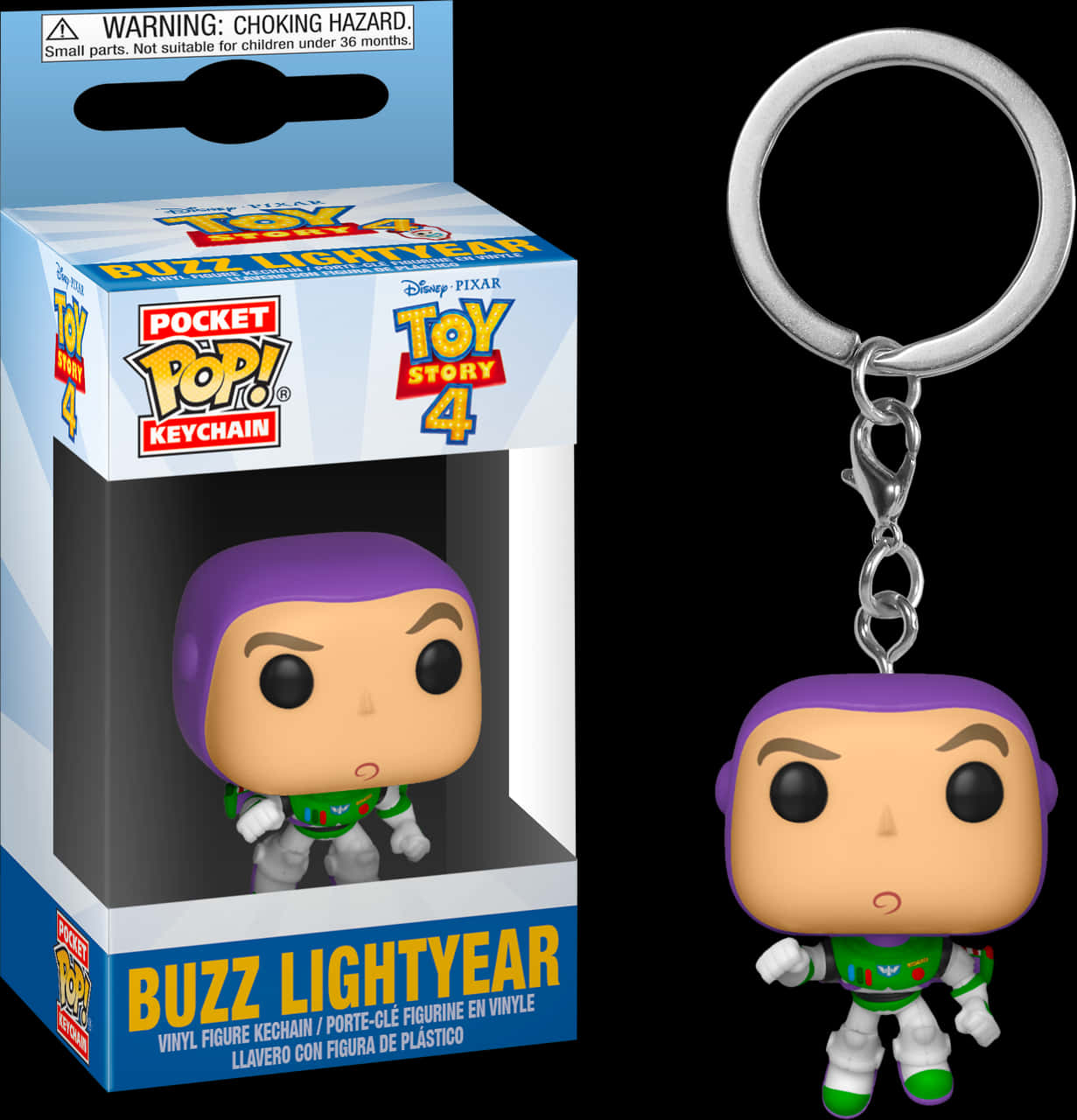 Toy Story Characters 桌布 壁紙 — 一個來自《玩具總動員4》的巴斯光年 Funko Pop! 鑰匙圈，在黑色背景上與其原裝包裝一同展示。
