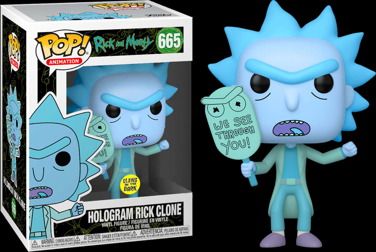 Rick Sanchez 桌布 壁紙 — 一個來自《瑞克和莫蒂》的瑞克 Funko Pop! 軟膠公仔，手持寫有「We See Through You!」的標牌，旁邊是其收藏盒。