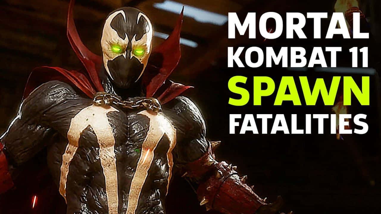 Mortal Kombat 11 Spawn 桌布 壁紙 — 一個來自《真人快打11》的威脅性Spawn角色，擁有發光的綠色眼睛和紅色斗篷，站在黑暗的競技場中。