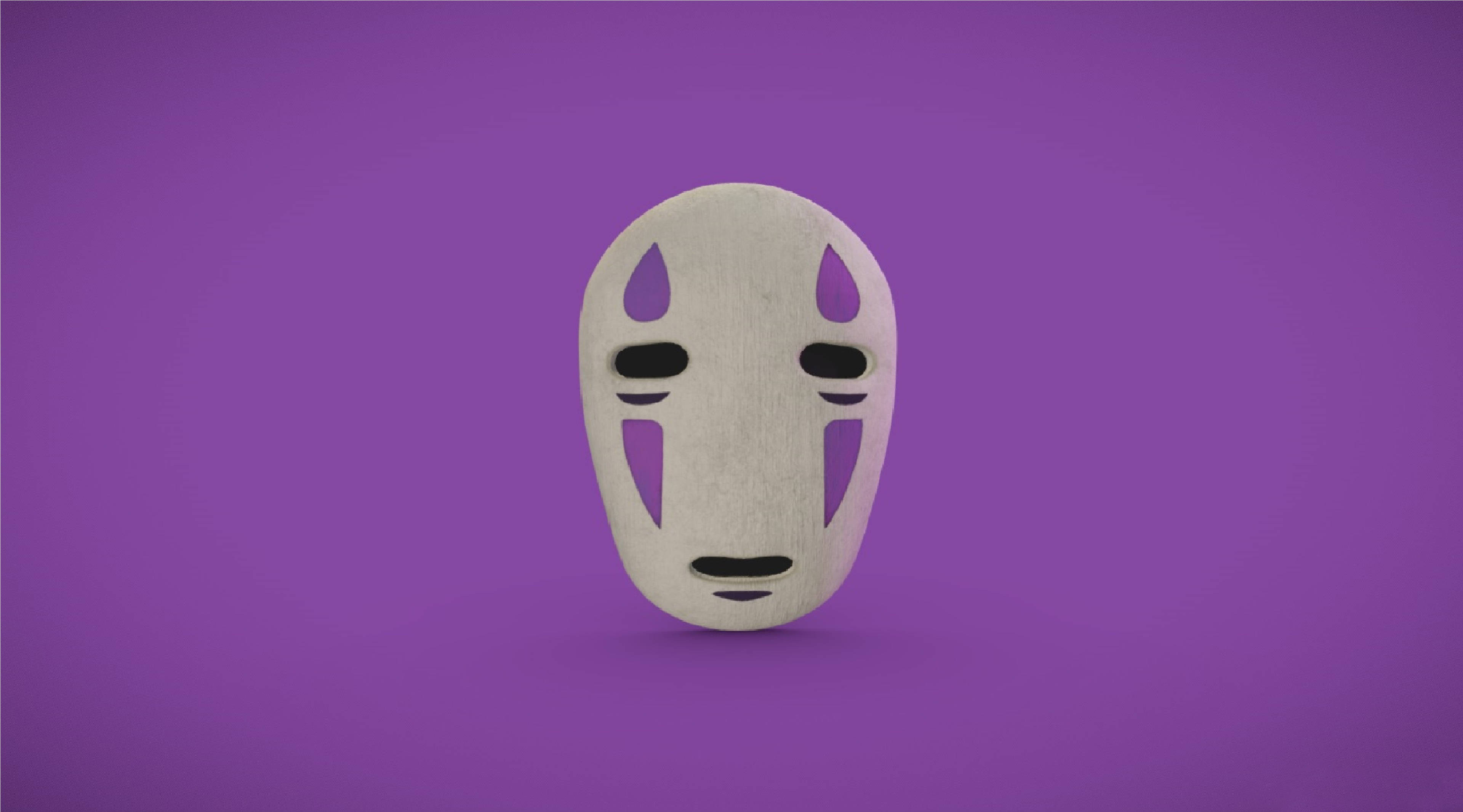 No Face 桌布 壁紙 — 一個來自《神隱少女》的白色木製無臉男面具，在純紫色背景上居中漂浮。