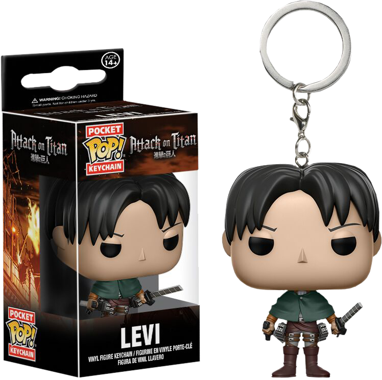 里維·阿卡曼 桌布 壁紙 — 一個來自《進擊的巨人》的里維 Funko Pocket Pop! 鑰匙圈，在黑色背景前與其包裝並列。