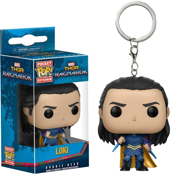洛基 桌布 壁紙 — 一個來自《雷神索爾3：諸神黃昏》中洛基的Funko Pop!鑰匙圈，旁邊是其藍色包裝，背景為黑色。
