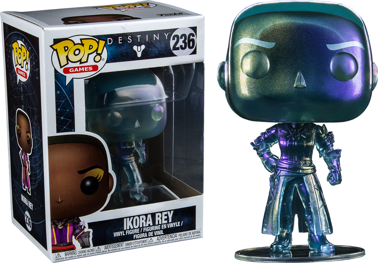 天命2 桌布 壁紙 — 一個來自Destiny的Ikora Rey全息Funko Pop!乙烯基人偶，站在其密封盒旁邊，背景為黑色。
