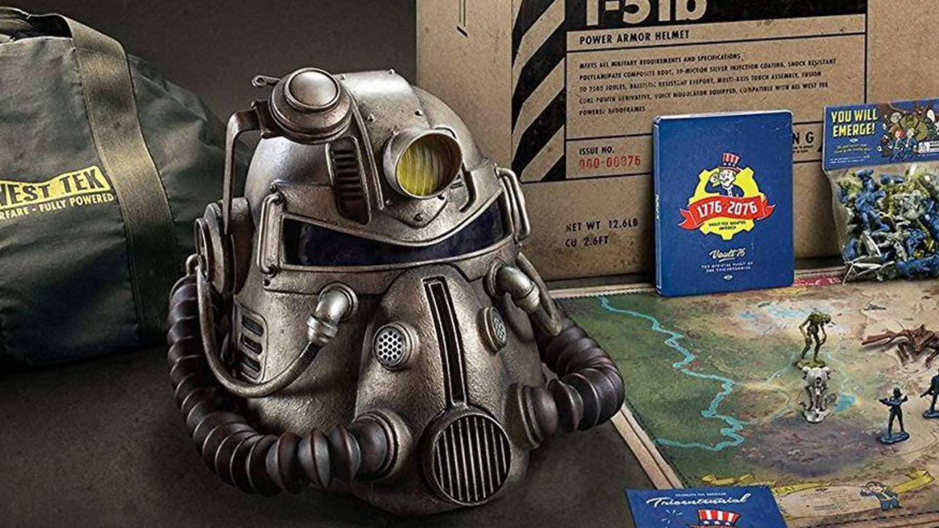 Fallout 76 桌布 壁紙 — 一個來自Fallout的詳細銀色動力裝甲頭盔放置在戰術地圖上，周圍是遊戲配件和品牌盒子。