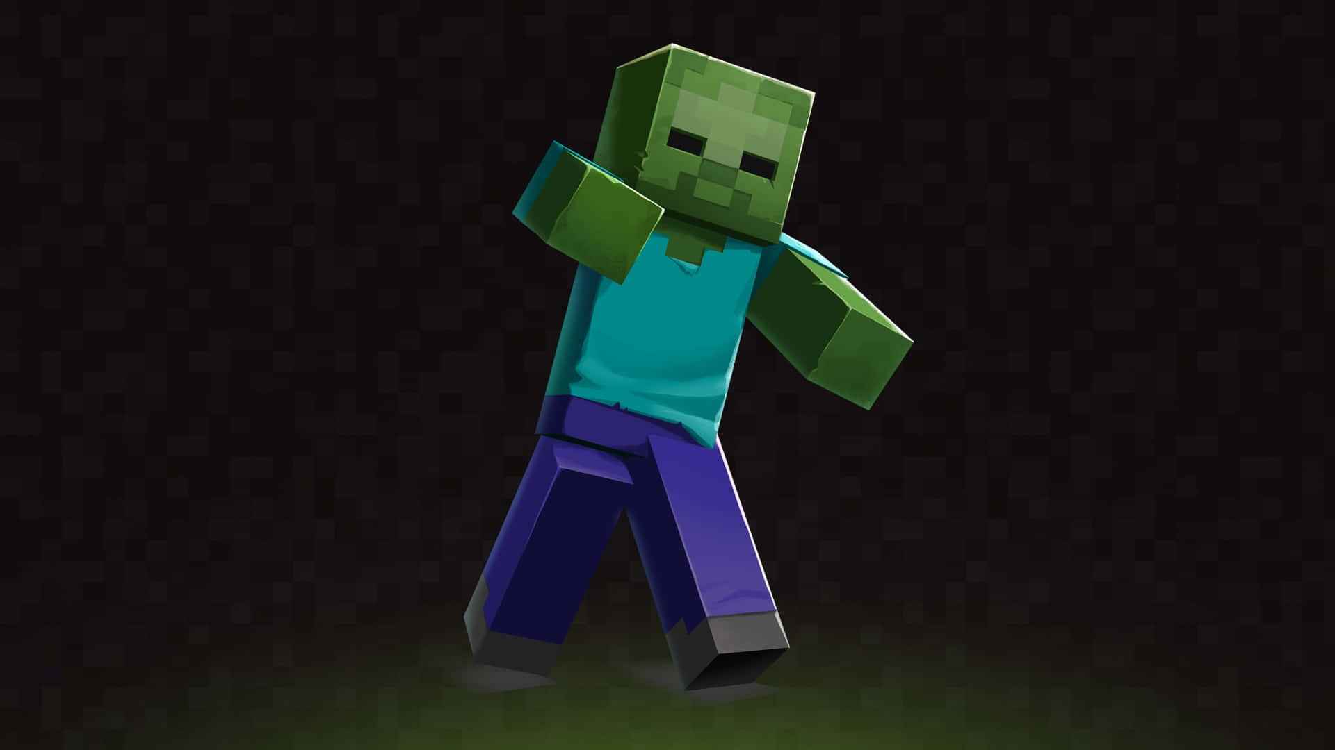 Minecraft Zombie 桌布 壁紙 — 一個來自Minecraft的像素化綠色殭屍角色，站在深色紋理背景和發光綠色地面上。