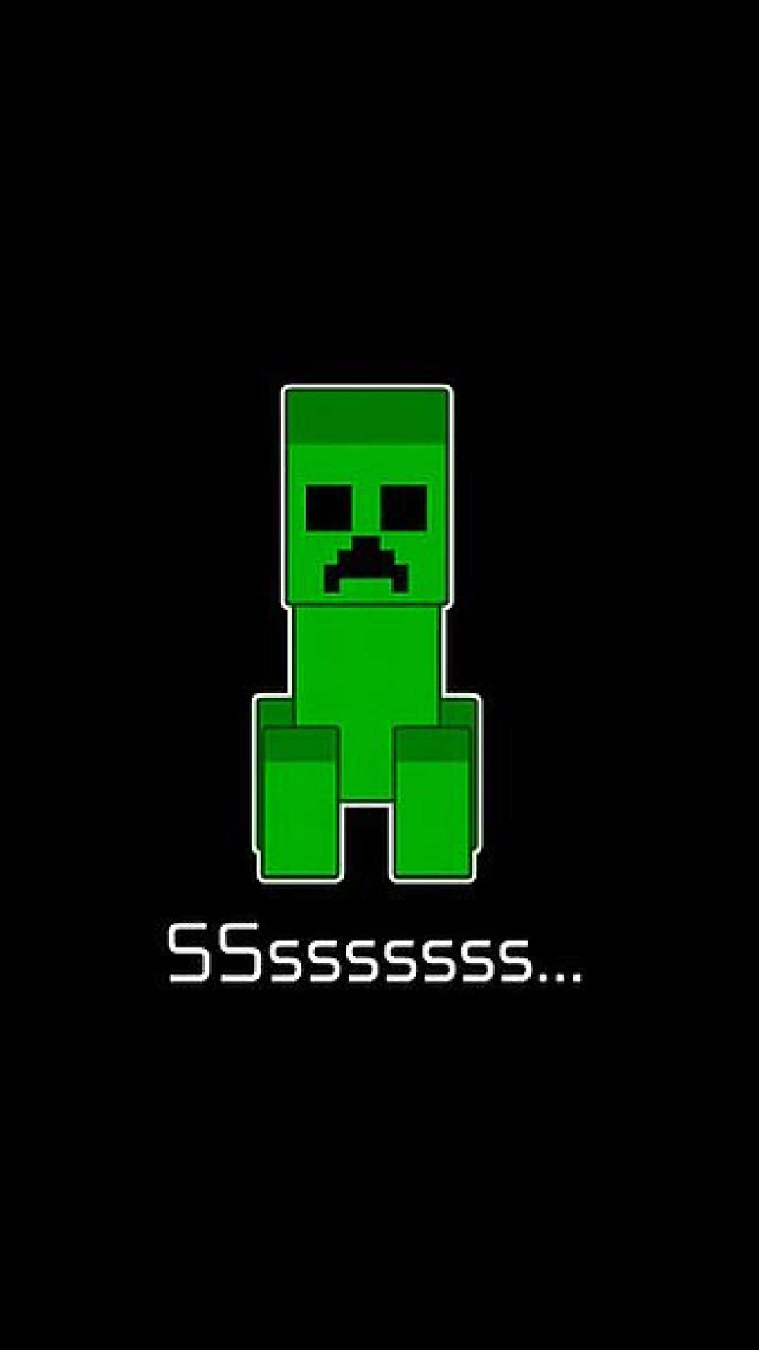 我的世界苦力怕 桌布 壁紙 — 一個來自Minecraft的像素化綠色爬行者站在黑色背景前，下方有嘶嘶聲效果。