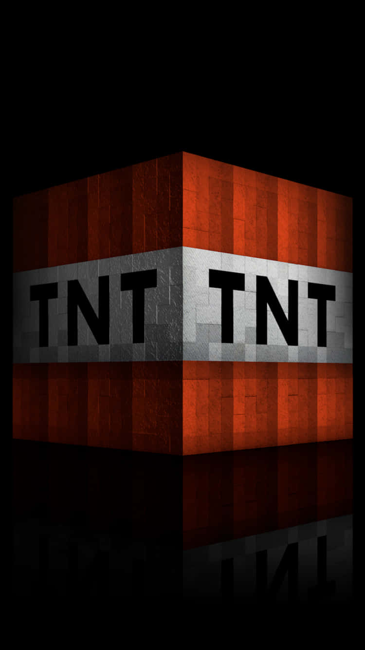 我的世界 TNT 桌布 壁紙 — 一個來自Minecraft的像素化紅色和灰色TNT方塊在黑色背景和下方的反射表面上發光。