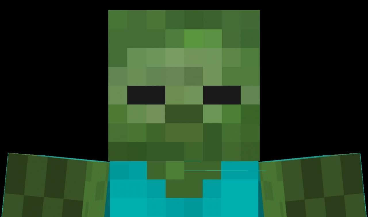 Minecraft Zombie 桌布 壁紙 — 一個來自Minecraft的像素化綠色殭屍，穿著青色襯衫，站在黑色背景前。