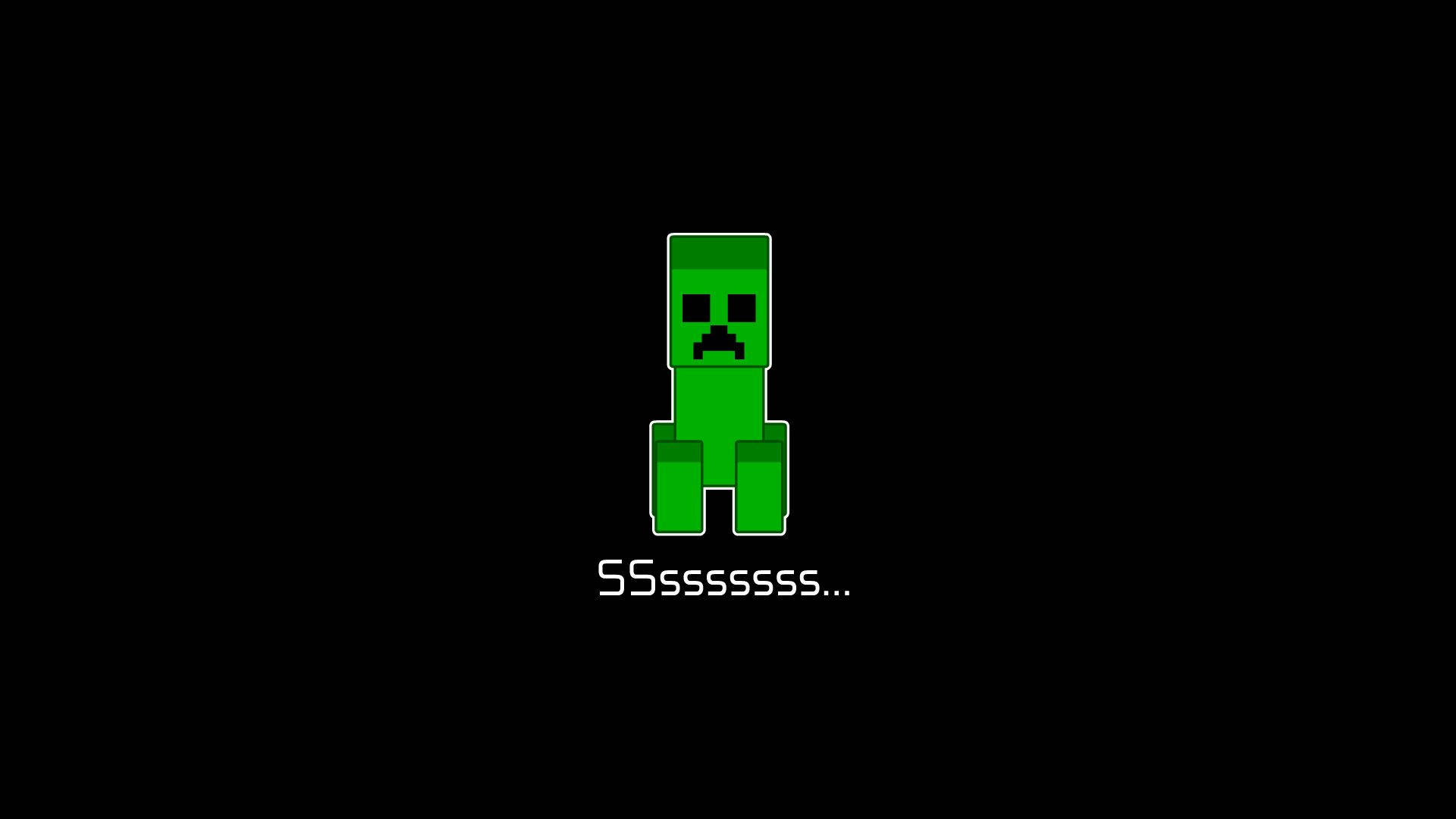 Creeper 桌布 壁紙 — 一個來自Minecraft的像素化綠色爬行者站在黑色背景上，下方有音效文字。