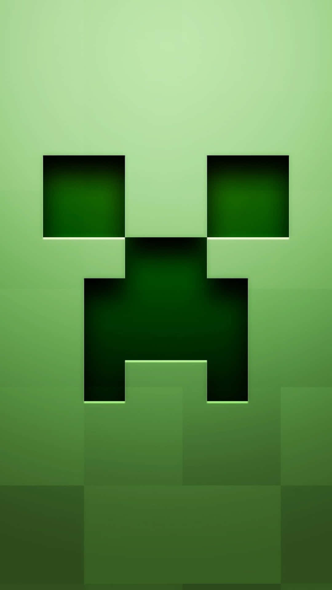 Minecraft Phone 桌布 壁紙 — 一個來自Minecraft的像素化綠色爬行者面孔，在綠色漸變背景前直視前方。