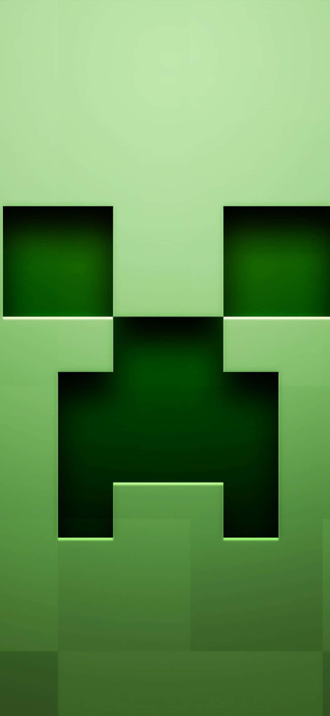 iPhone Xs Minecraft 桌布 壁紙 — 一個來自Minecraft的像素化綠色苦力怕臉孔，帶有發光的眼睛和方塊特徵，背景為漸變色。