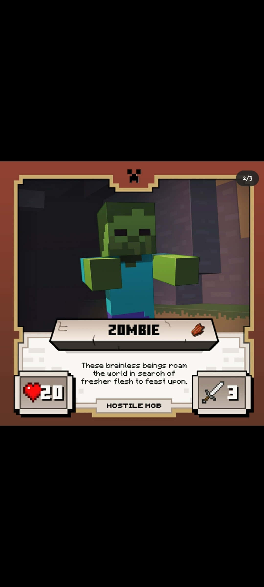 Minecraft Zombie 桌布 壁紙 — 一個來自Minecraft的像素化殭屍站在黑暗地牢中，顯示生命值和攻擊力數值。